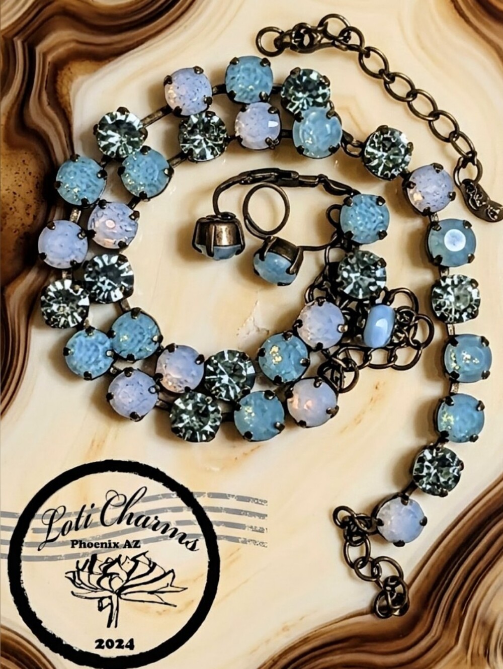 Aqua Blue Green Pacific Opal and Chrysolite in Classic Tennis  Necklace on Brass
